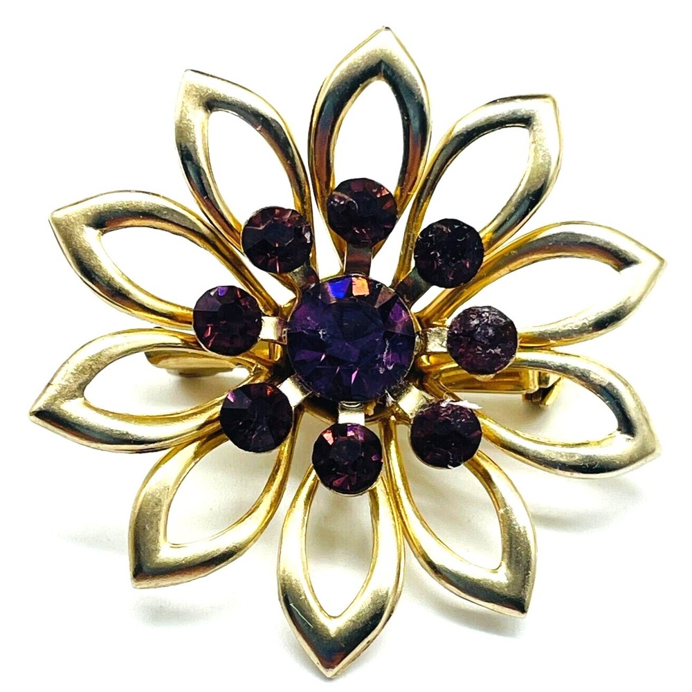 Vintage Purple Rhinestone Gold Tone Flower Brooch Pin Openwork Floral Statement